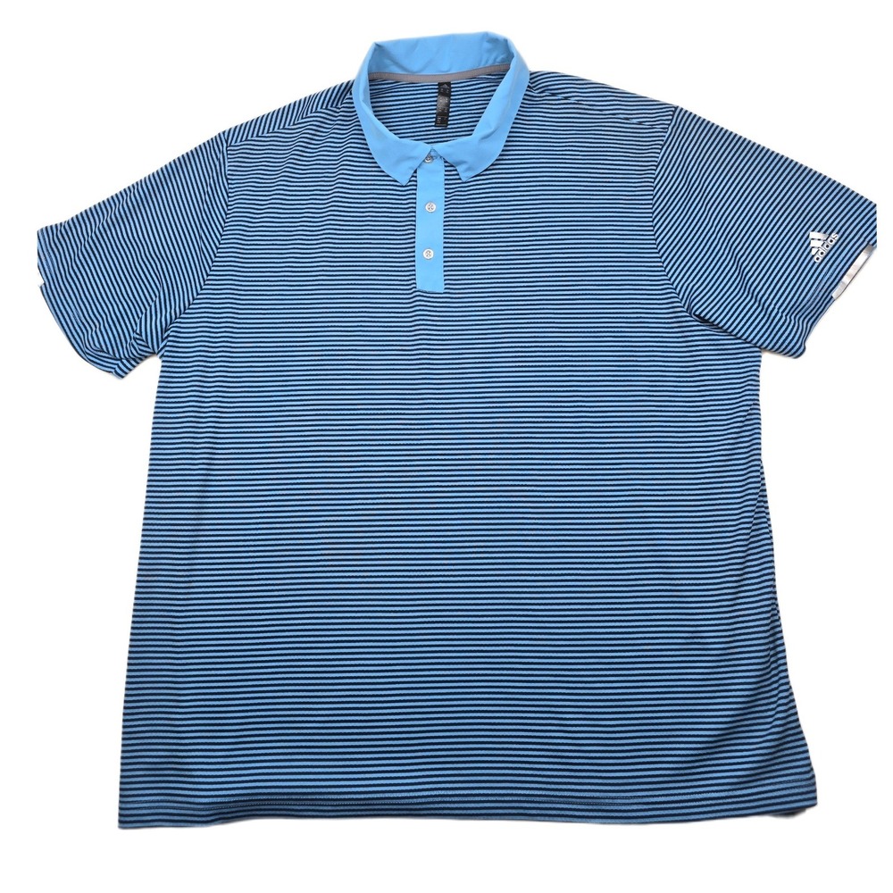 Adidas Golf Polo Shirt Mens 2XL Blue Black Striped Polyester HEAT.RDY Golf Top